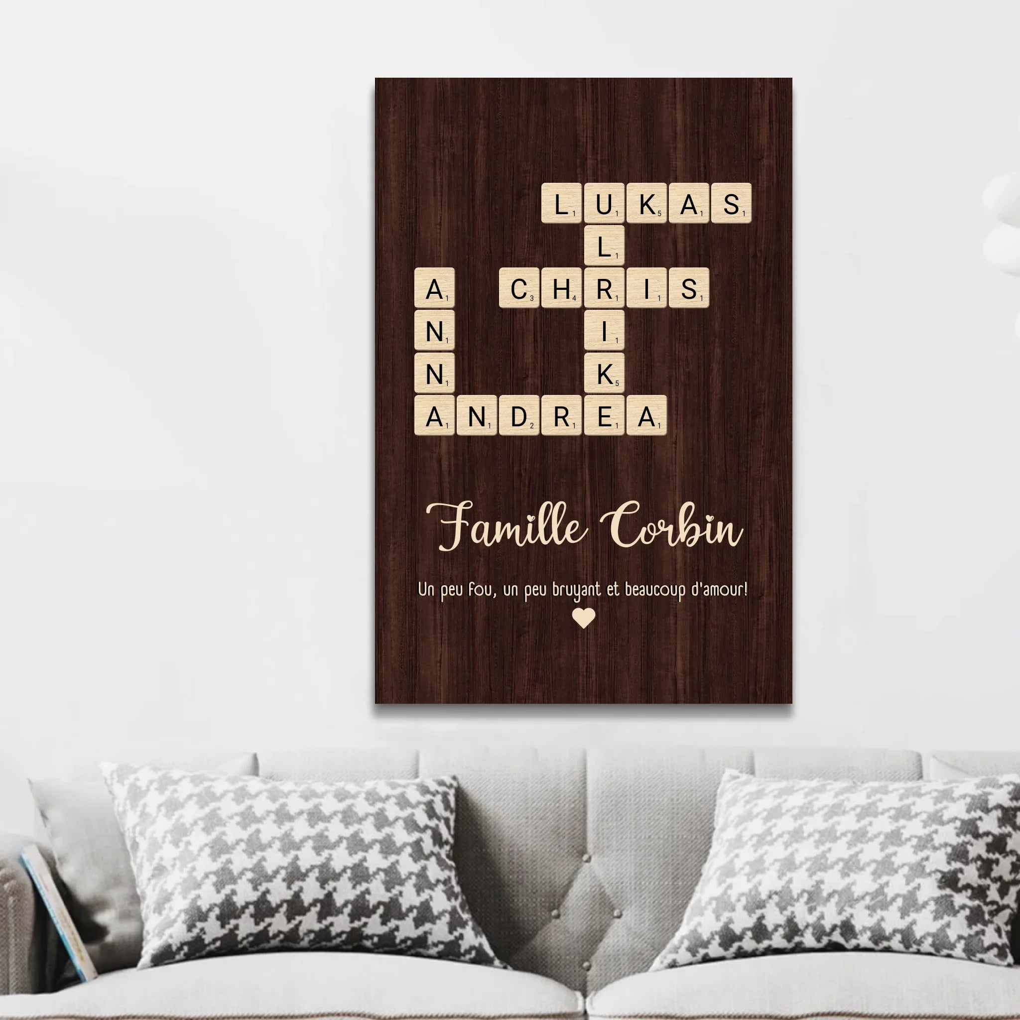 Toile personnalisée “Un peu de folie, un peu de bruit et beaucoup d'amour - Mots croisés verticaux”