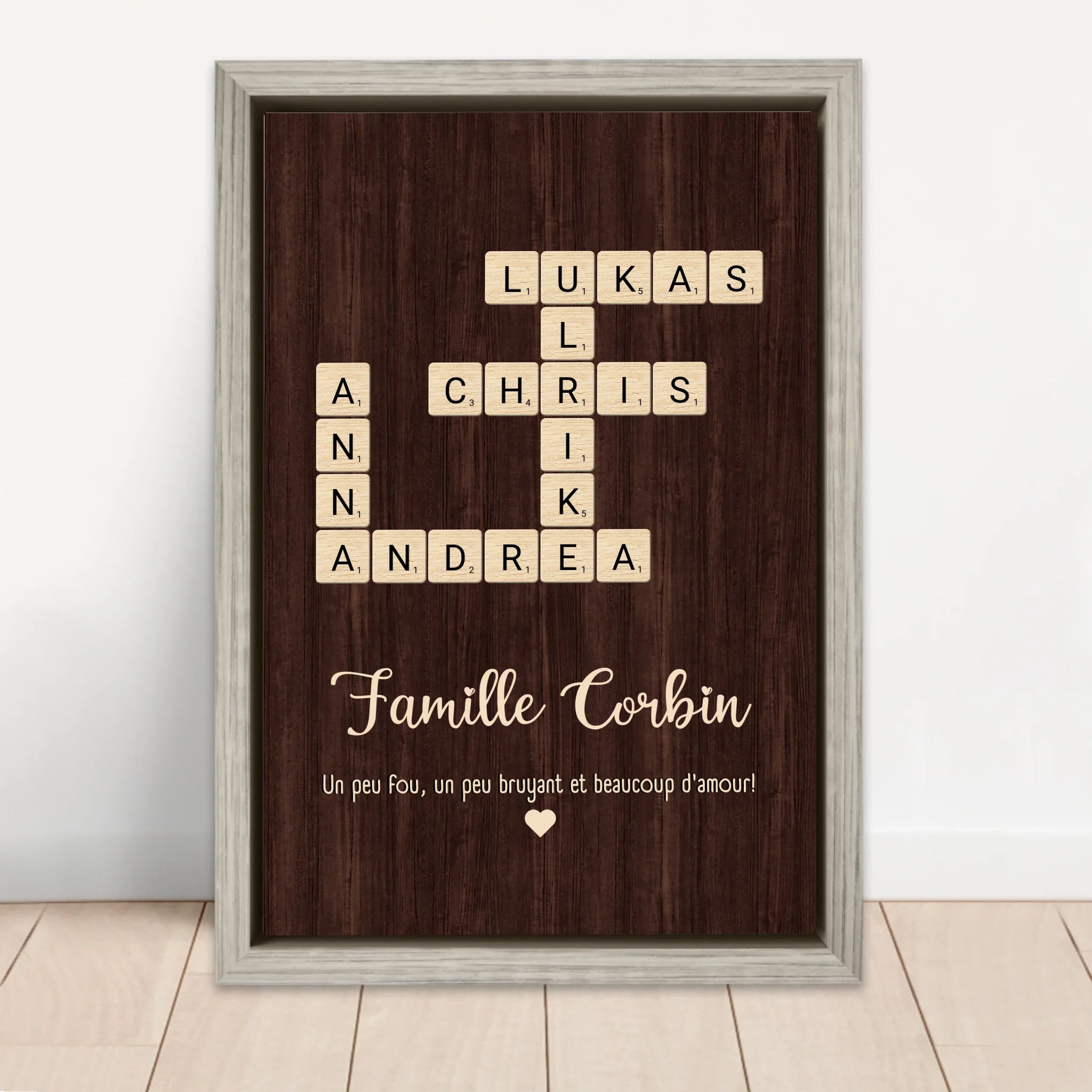 Toile personnalisée “Un peu de folie, un peu de bruit et beaucoup d'amour - Mots croisés verticaux”