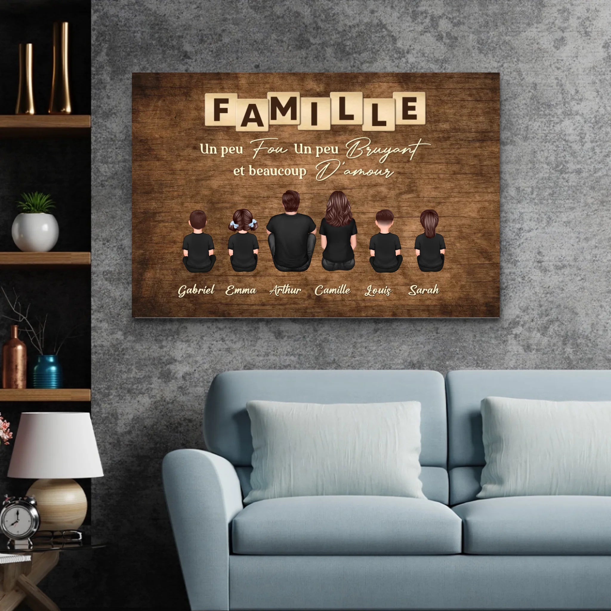 Toile personnalisée "Famille, folie, bruit et beaucoup d'amour"