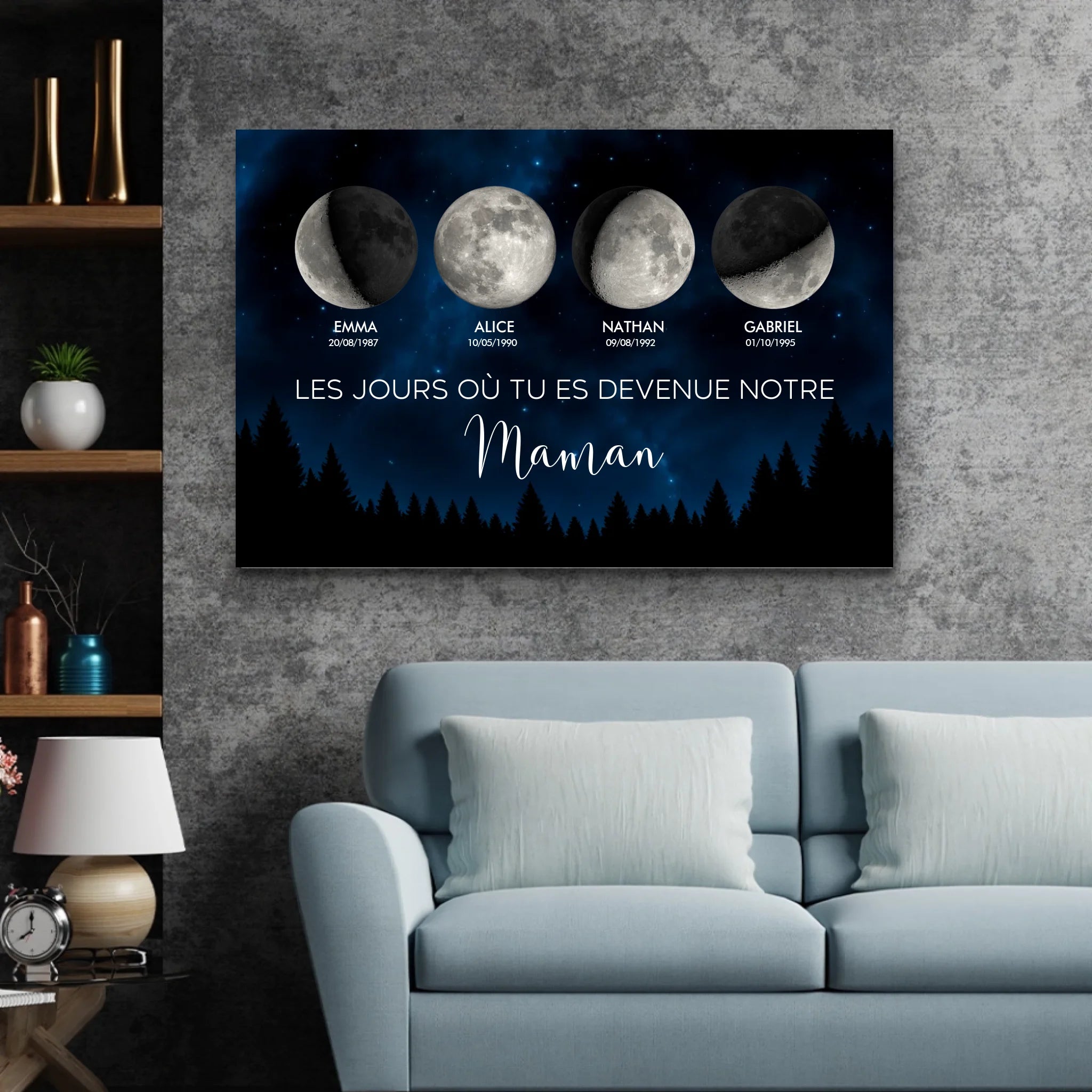 Toile personnalisée "Phase de lune - Les jours où tu es devenue notre maman"