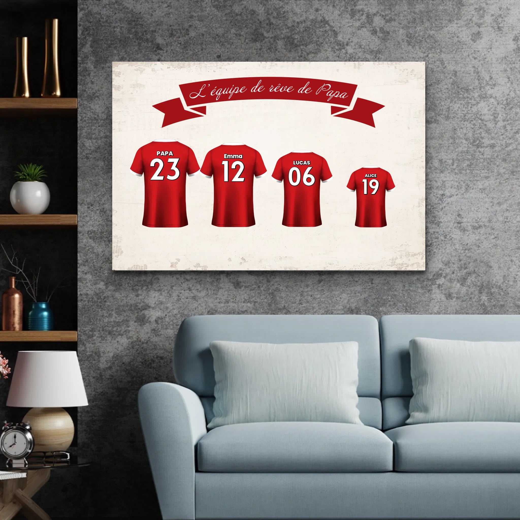 Toile personnalisée "L'équipe de foot de papa avec maillot personnalisable"