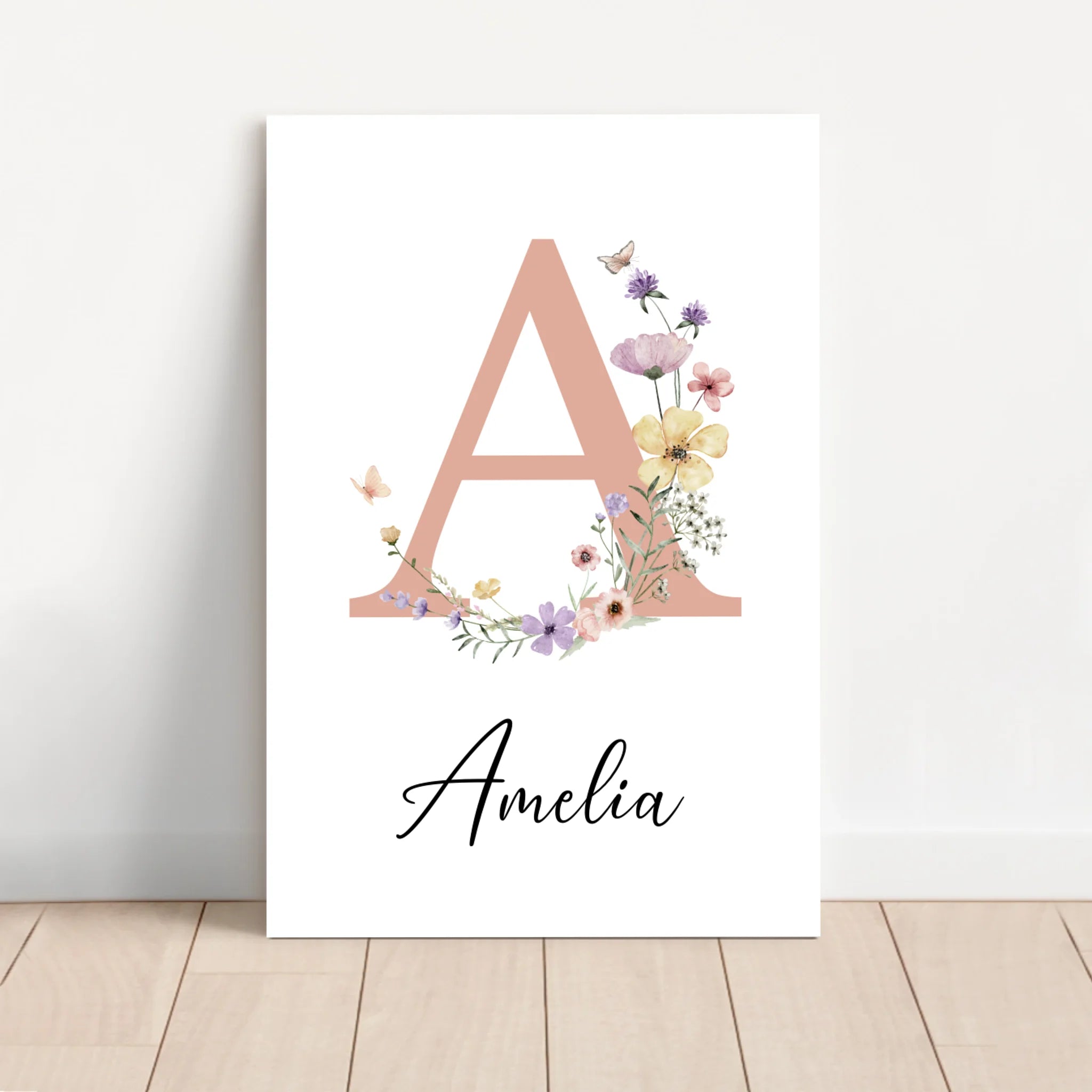 Toile personnalisée – Panneau prénom floral pour bébé
