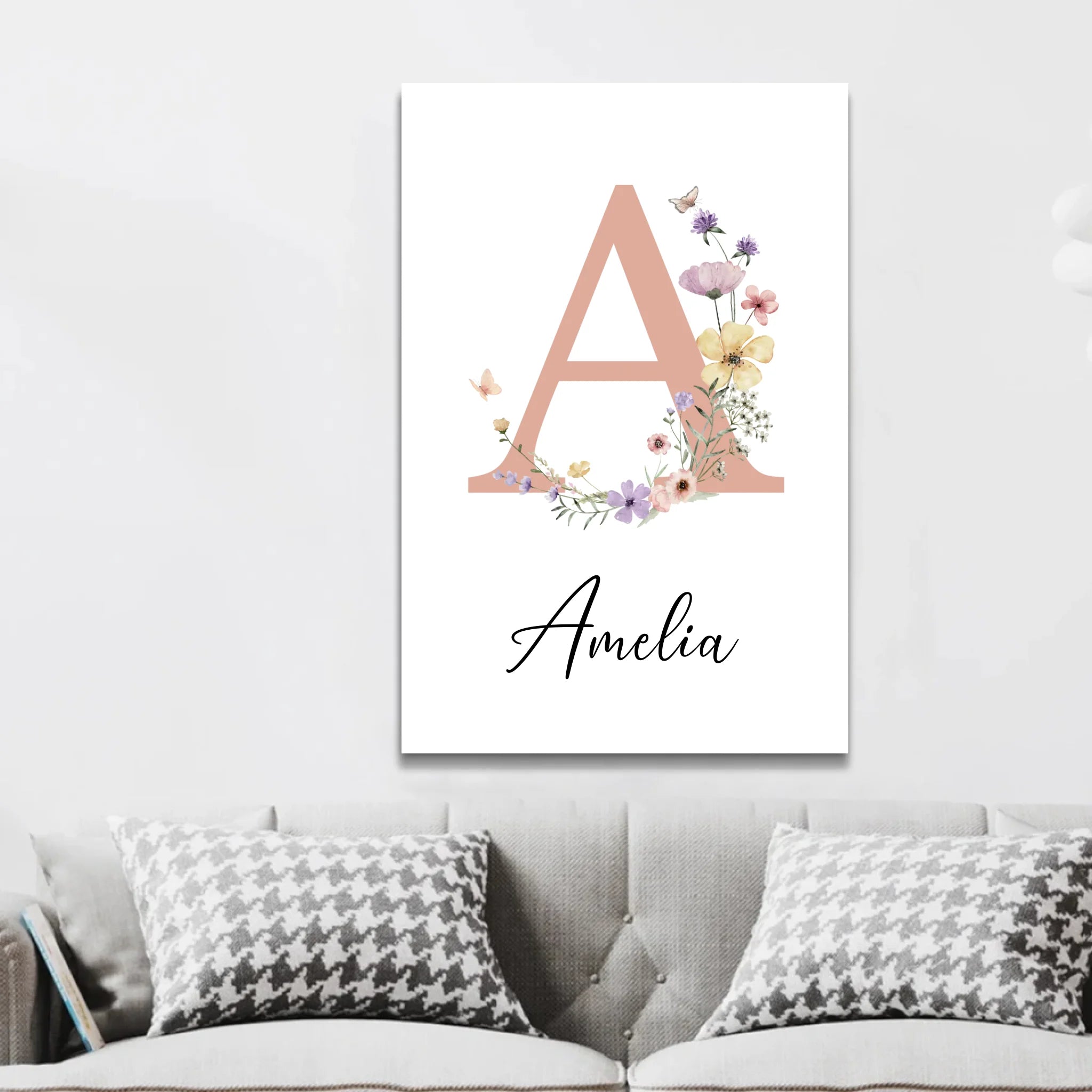 Toile personnalisée – Panneau prénom floral pour bébé