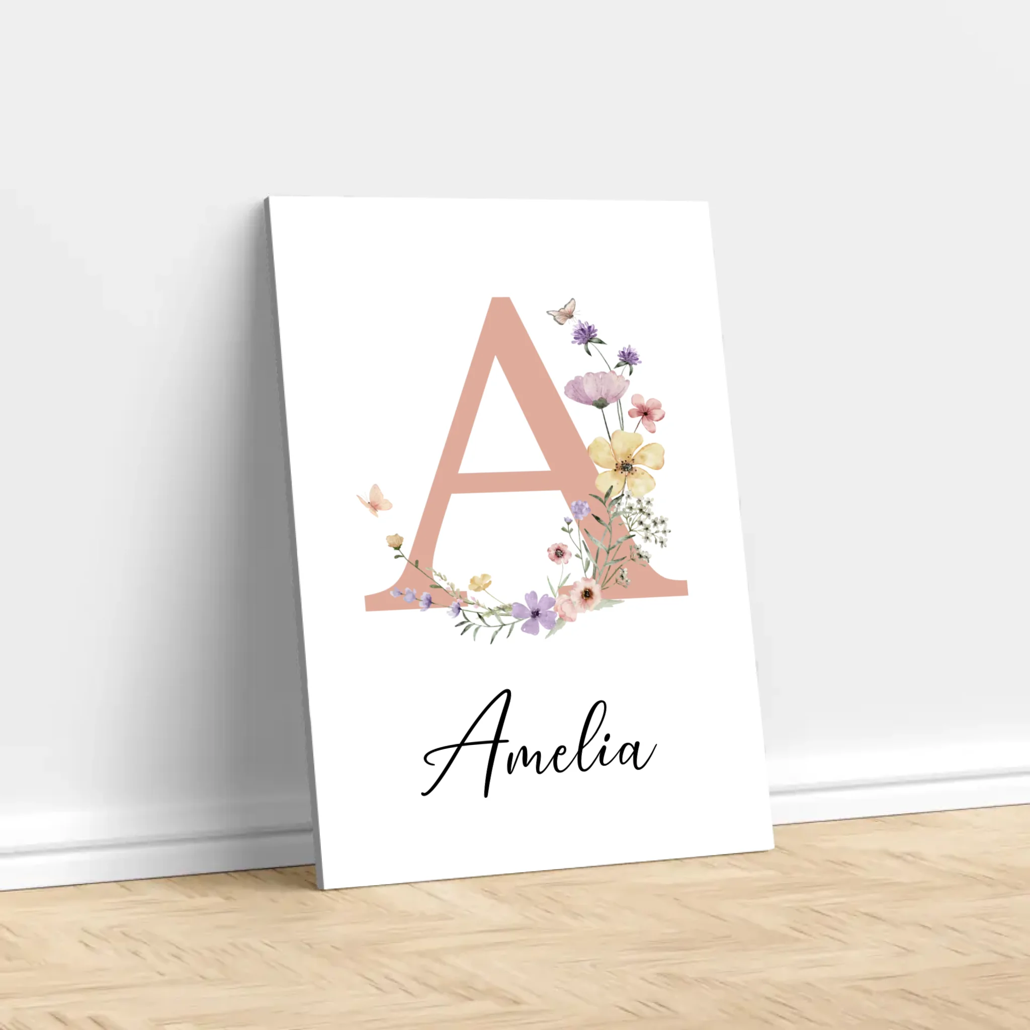 Toile personnalisée – Panneau prénom floral pour bébé