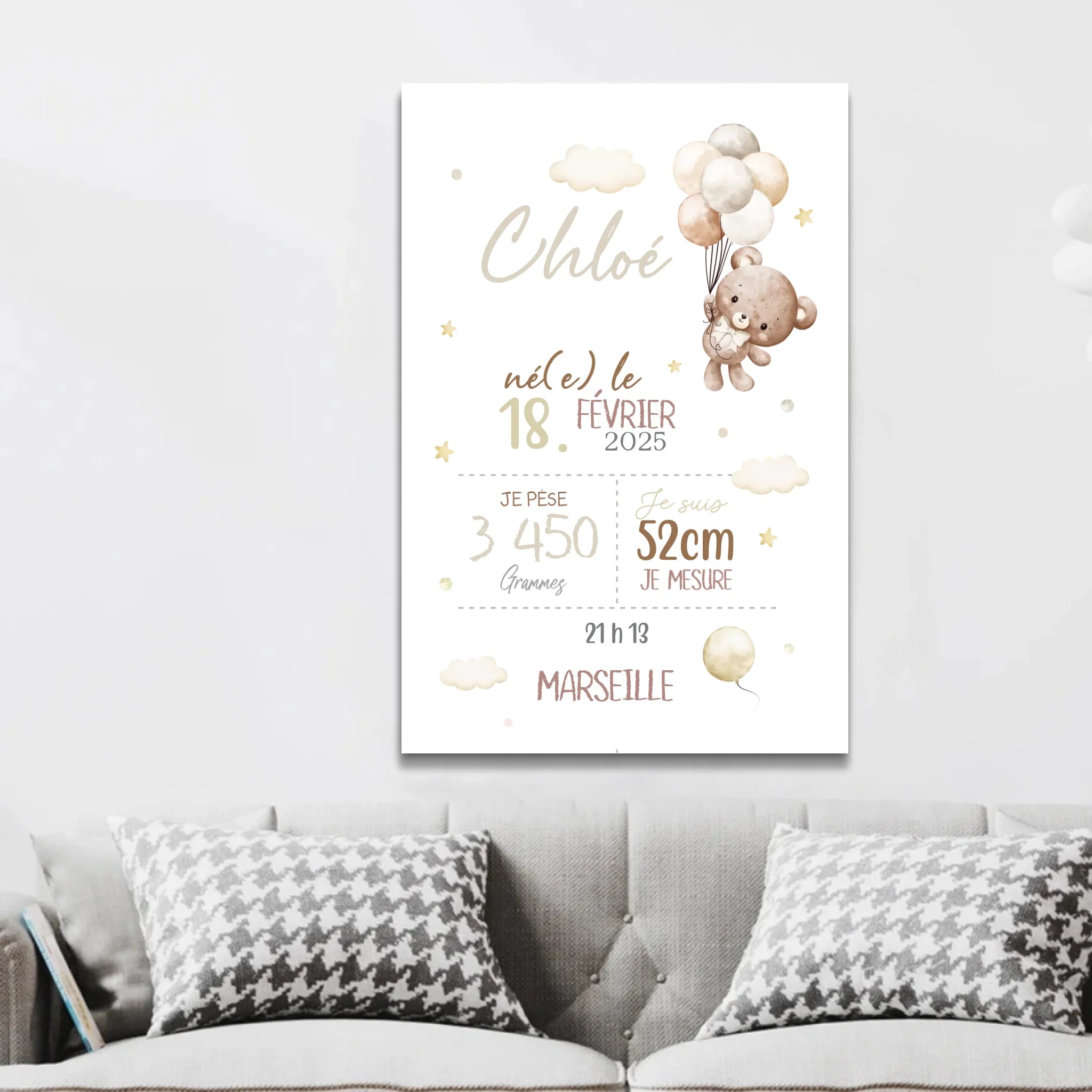 Toile personnalisée – Annonce de naissance avec ours en peluche