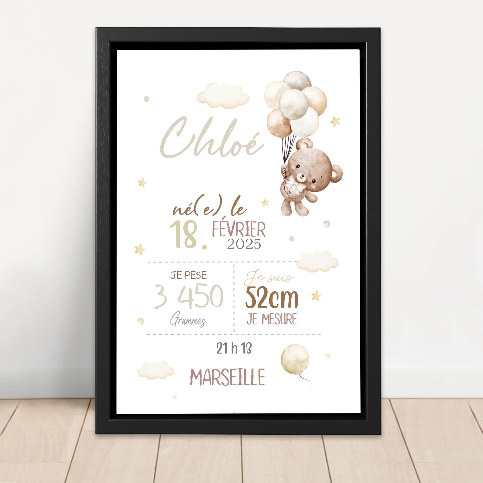 Toile personnalisée – Annonce de naissance avec ours en peluche