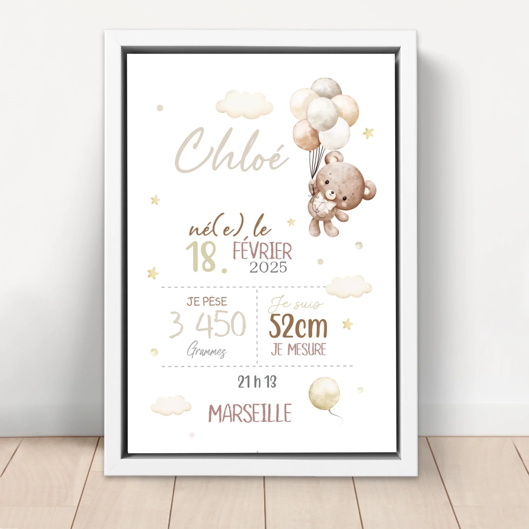 Toile personnalisée – Annonce de naissance avec ours en peluche