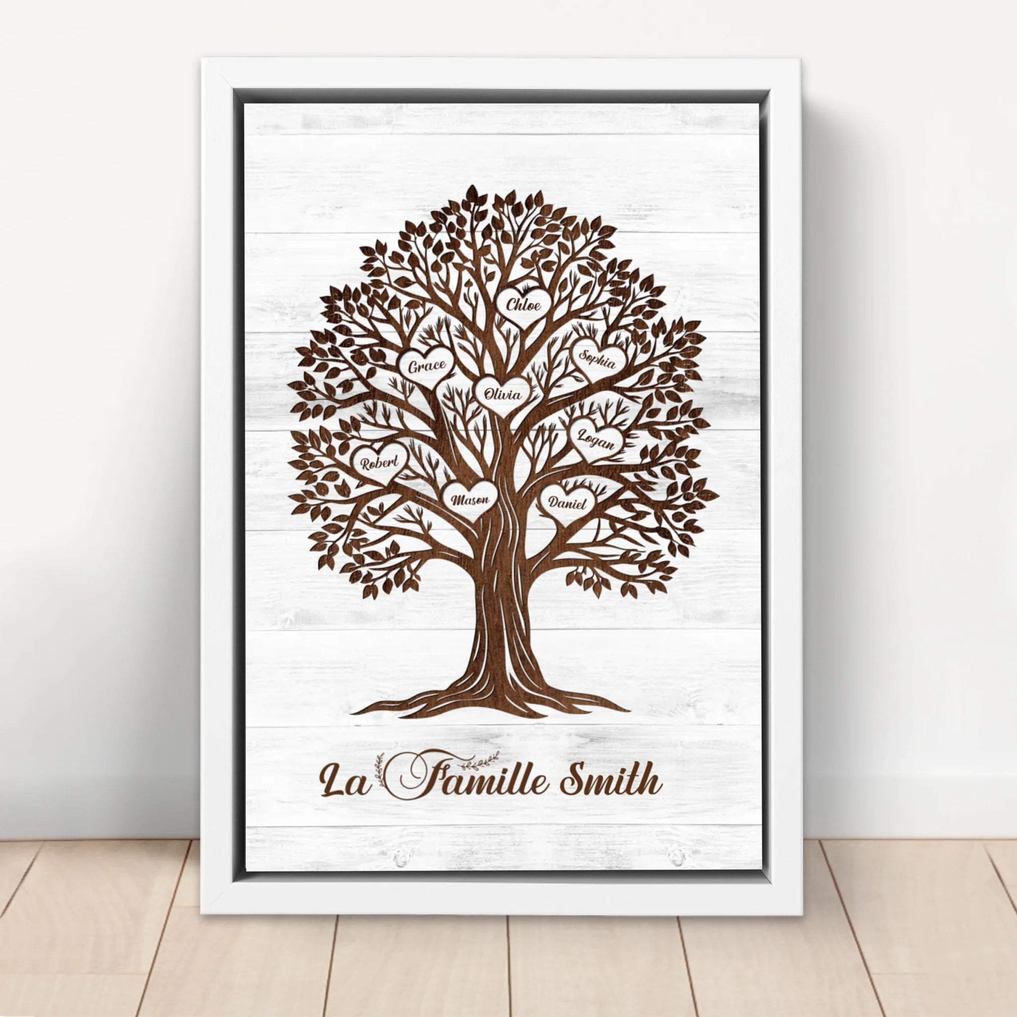 Toile personnalisée – Arbre généalogique aux prénoms en forme de cœur