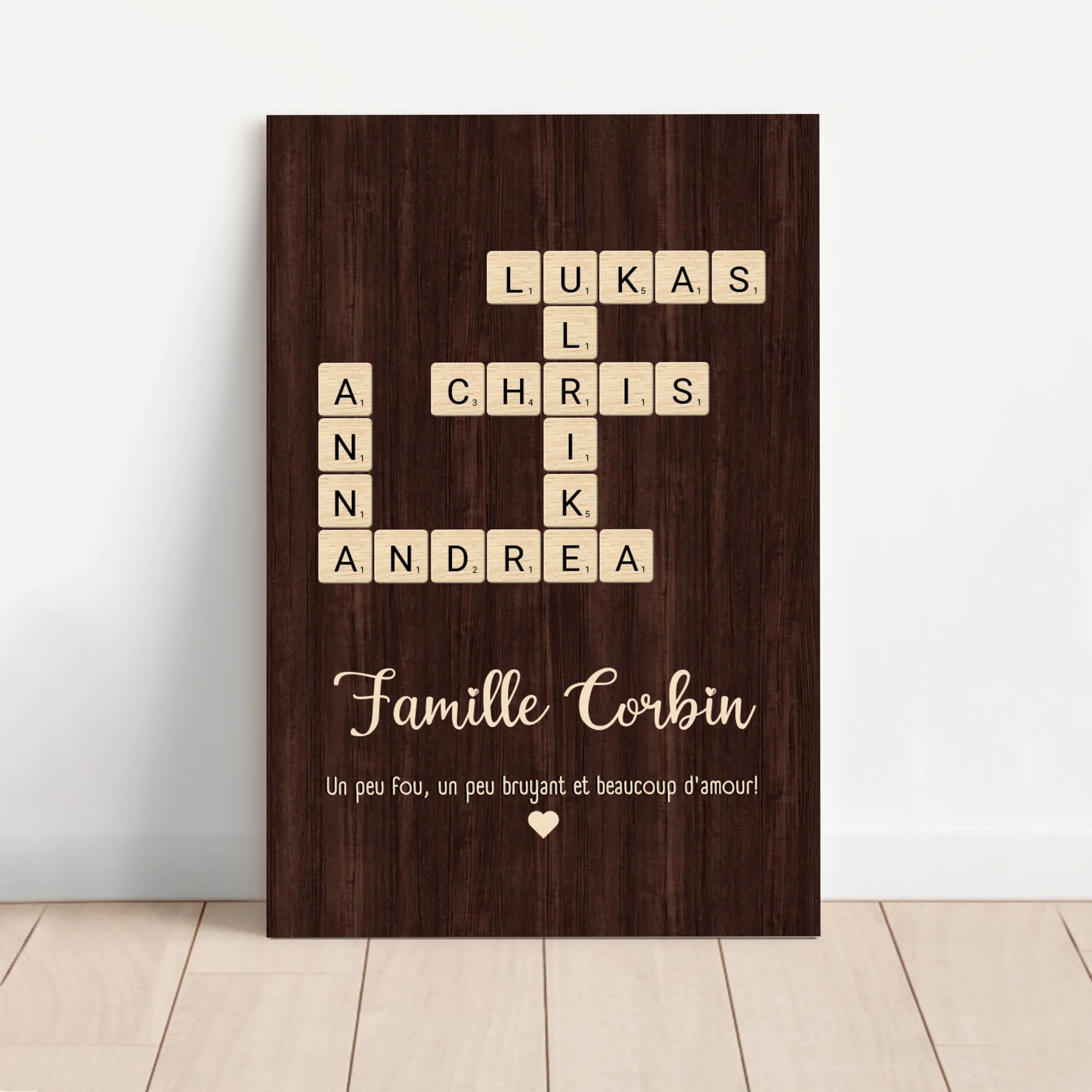 Toile personnalisée “Un peu de folie, un peu de bruit et beaucoup d'amour - Mots croisés verticaux”