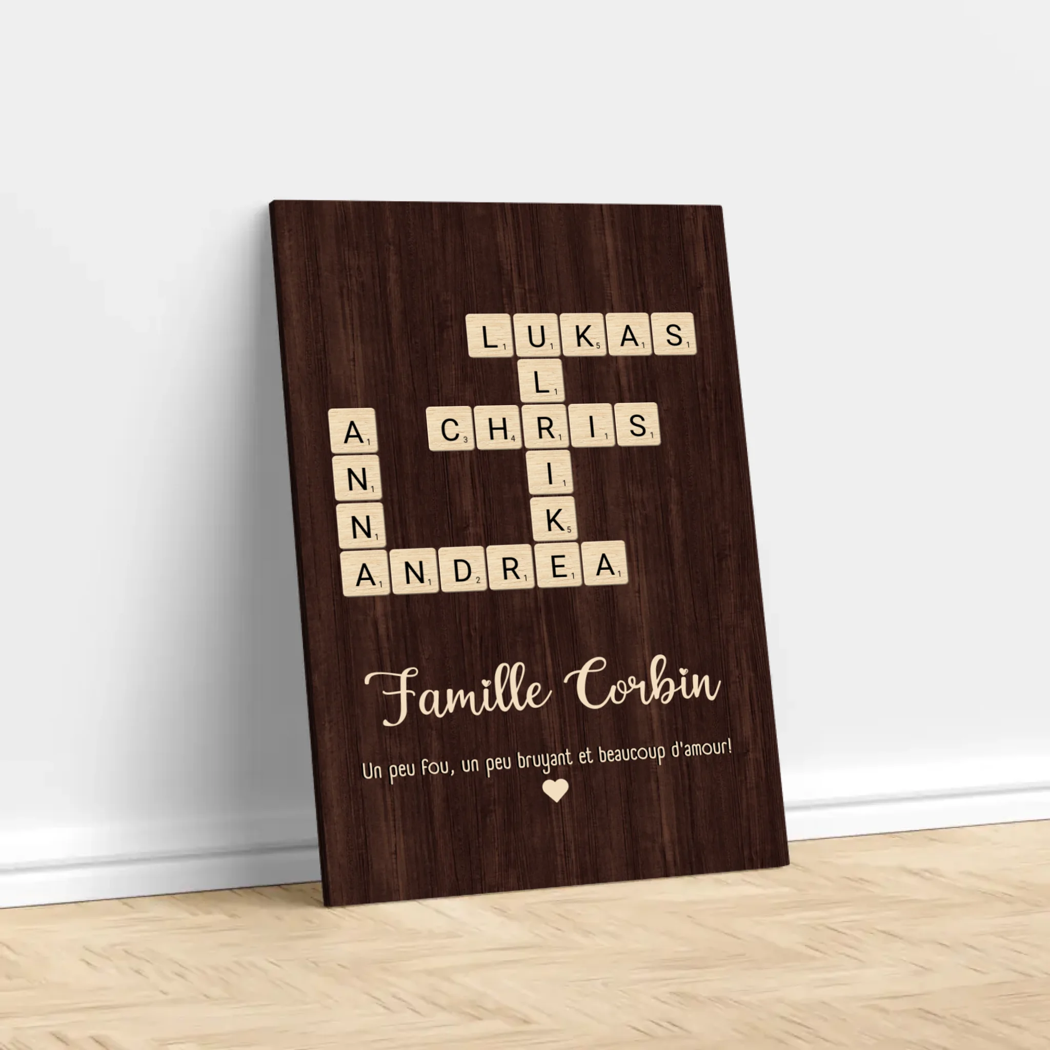 Toile personnalisée “Un peu de folie, un peu de bruit et beaucoup d'amour - Mots croisés verticaux”