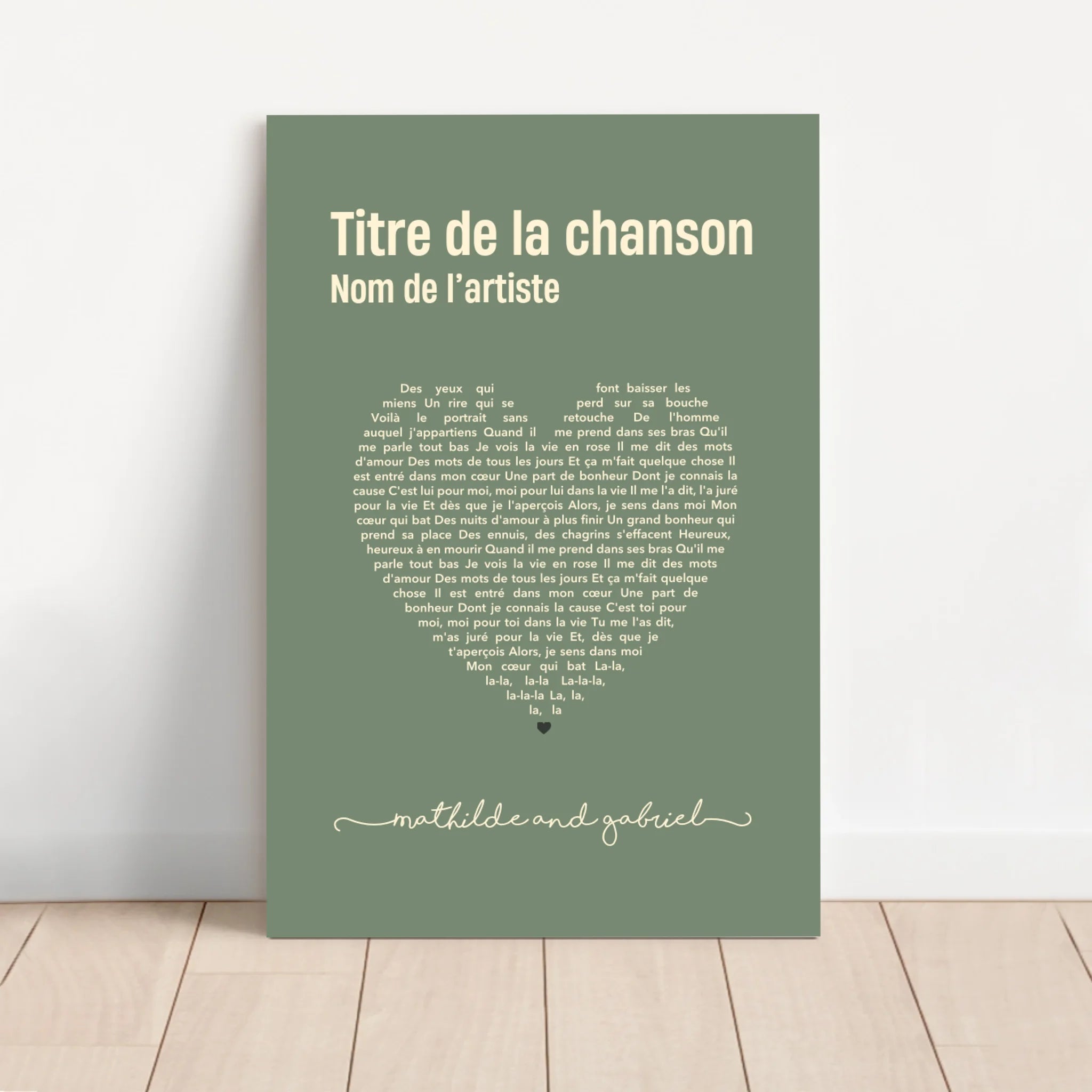 Toile personnalisée – Paroles de chanson en forme de cœur