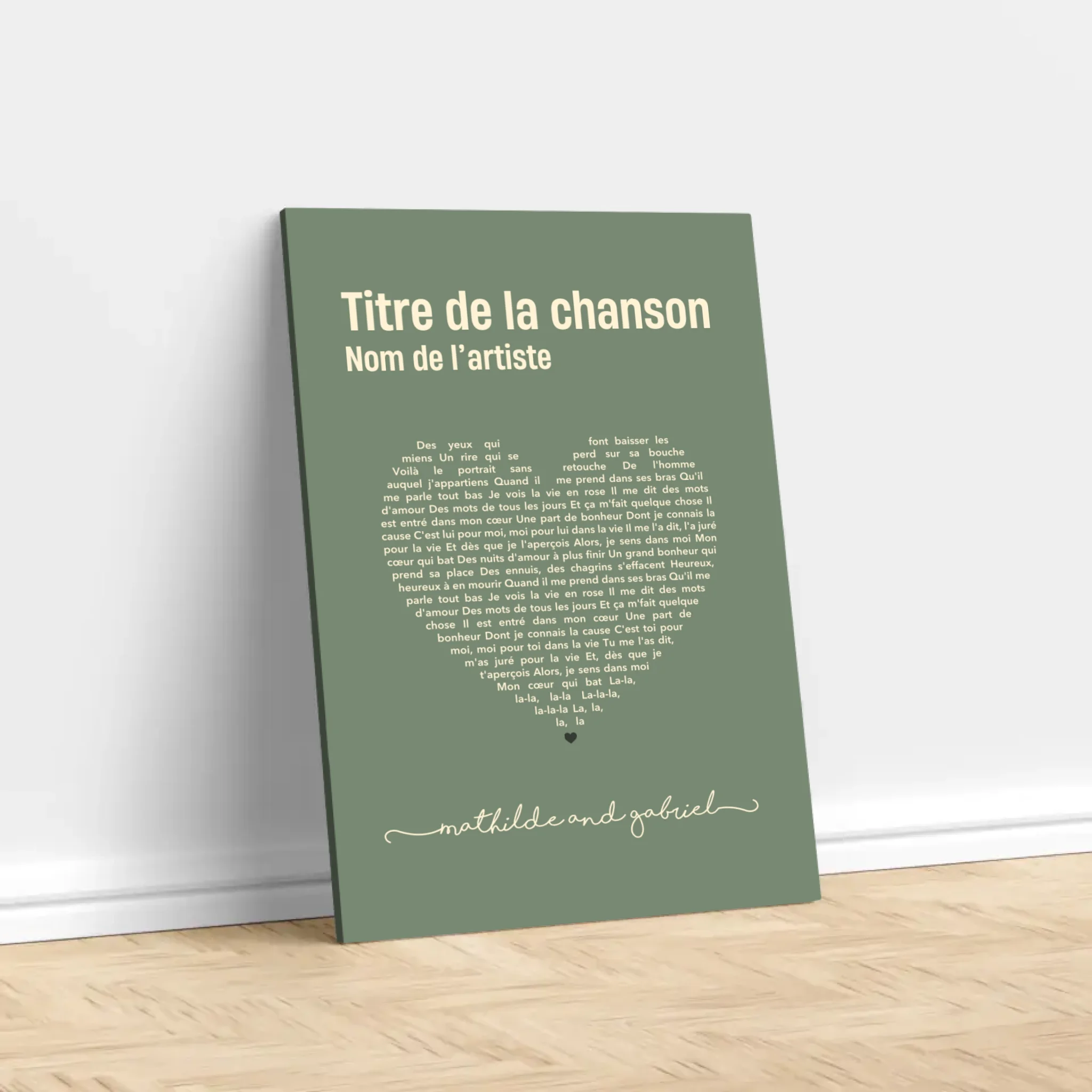 Toile personnalisée – Paroles de chanson en forme de cœur