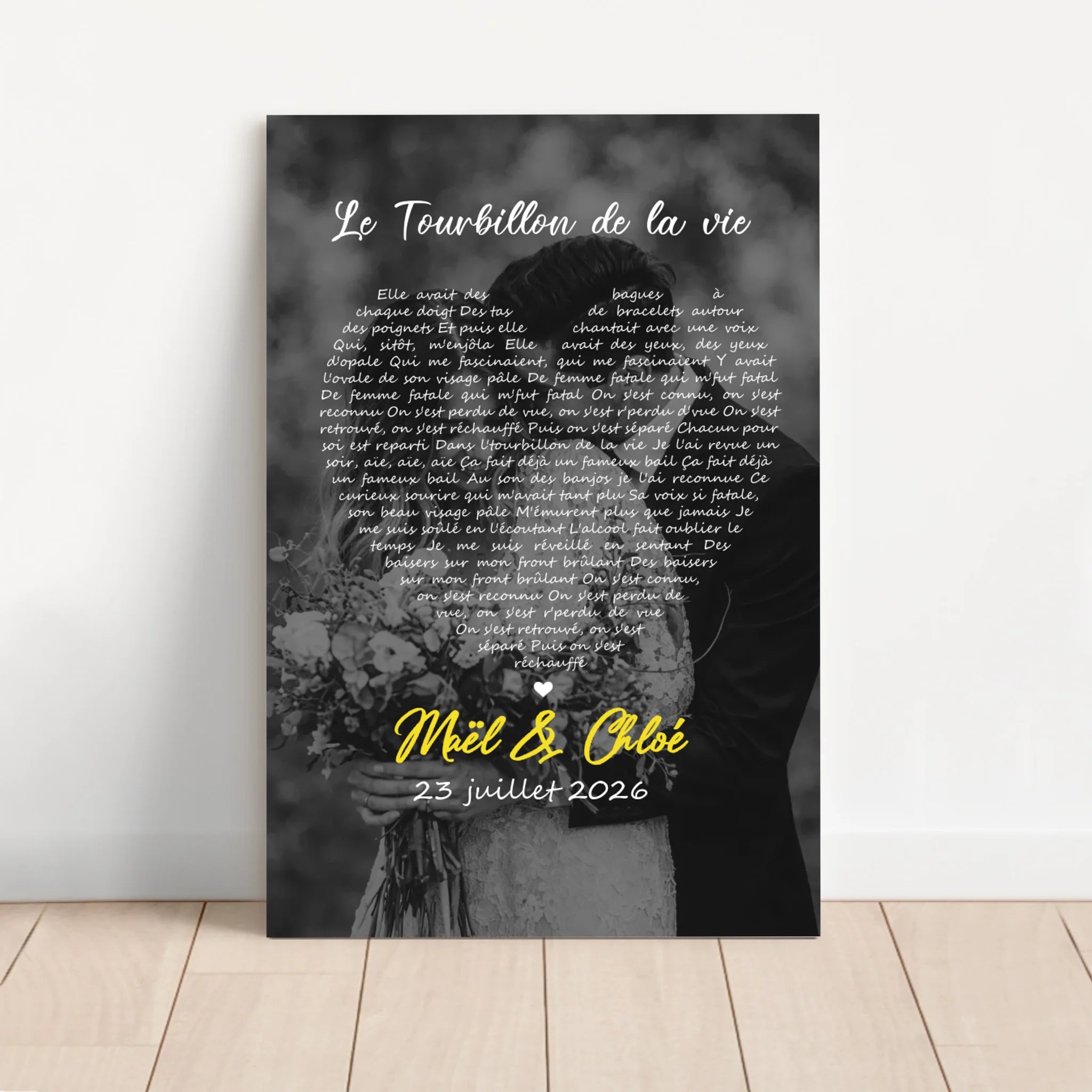 Toile personnalisée – Paroles de chanson en noir et blanc en forme de cœur-Vertical