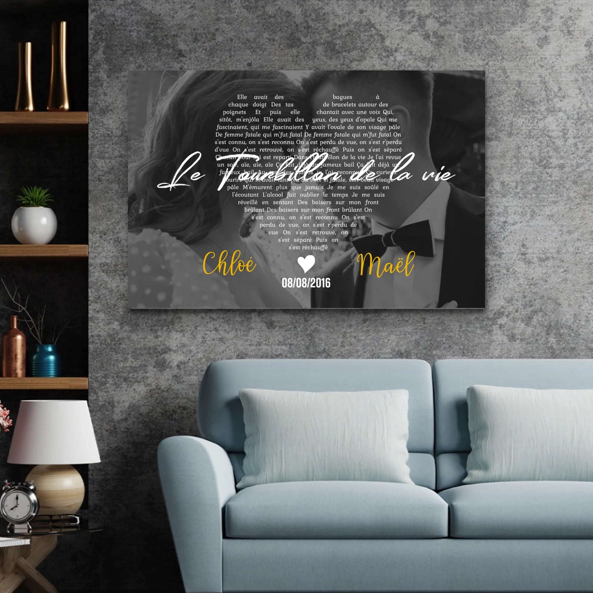 Toile personnalisée – Paroles de chanson en noir et blanc en forme de cœur