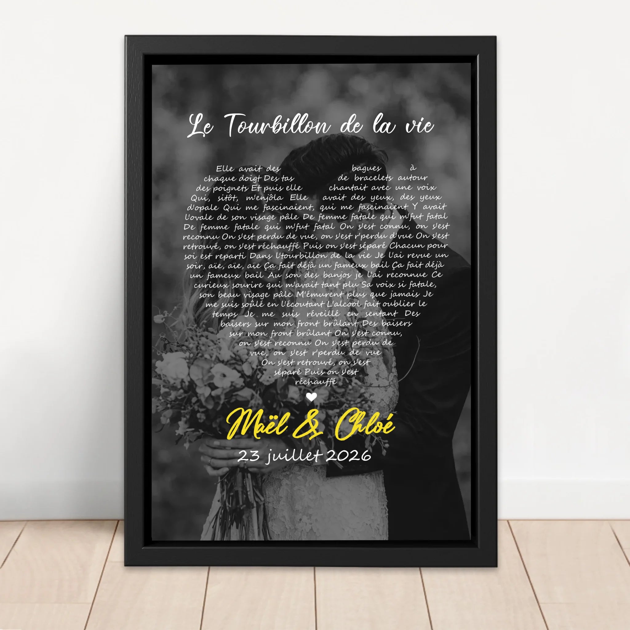 Toile personnalisée – Paroles de chanson en noir et blanc en forme de cœur-Vertical