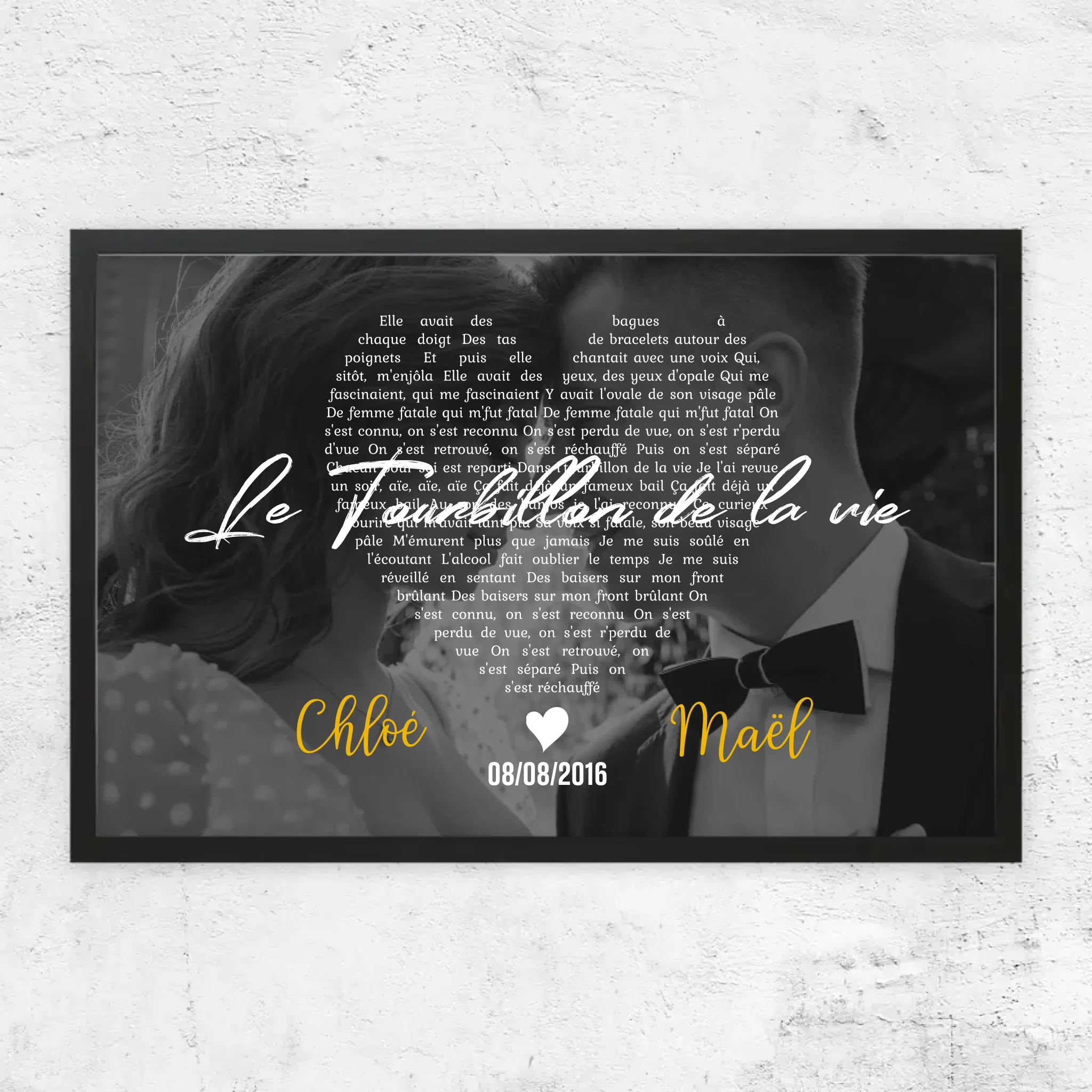 Poster personnalisé – Paroles de chanson en noir et blanc en forme de cœur