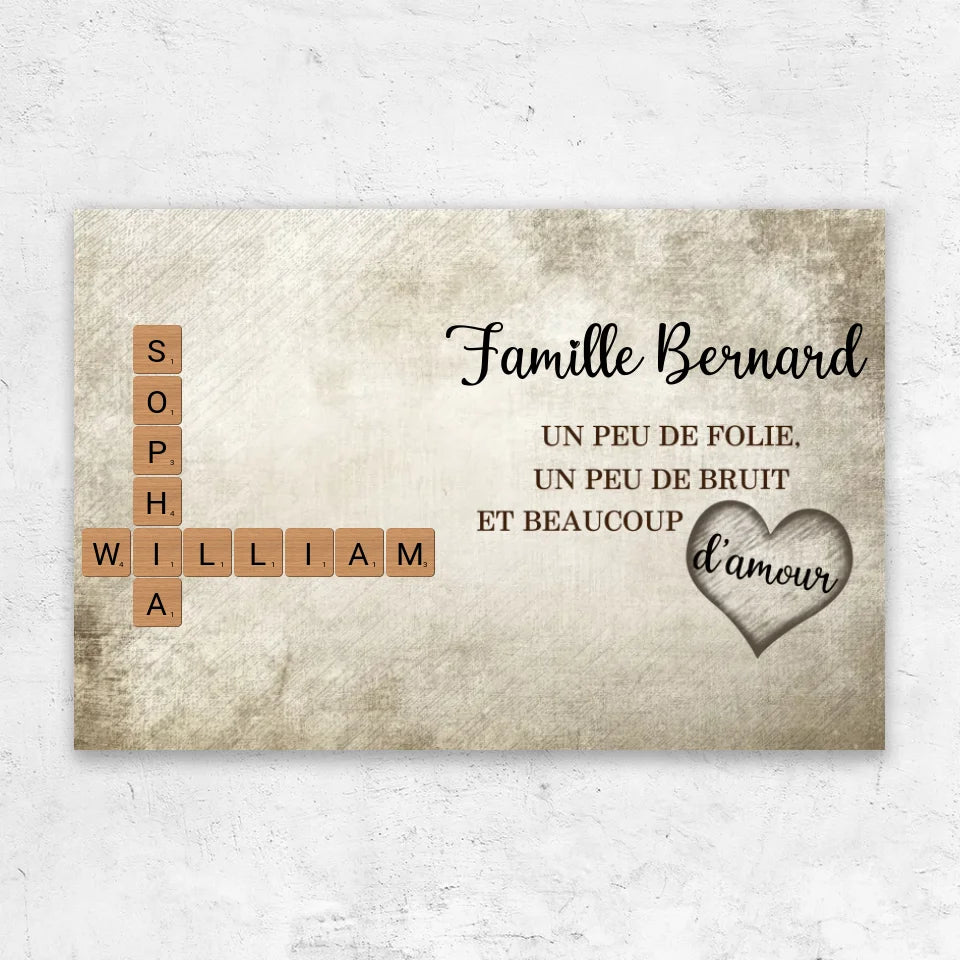 Toile personnalisée “Un peu de folie, un peu de bruit et beaucoup d'amour - Mots croisés”