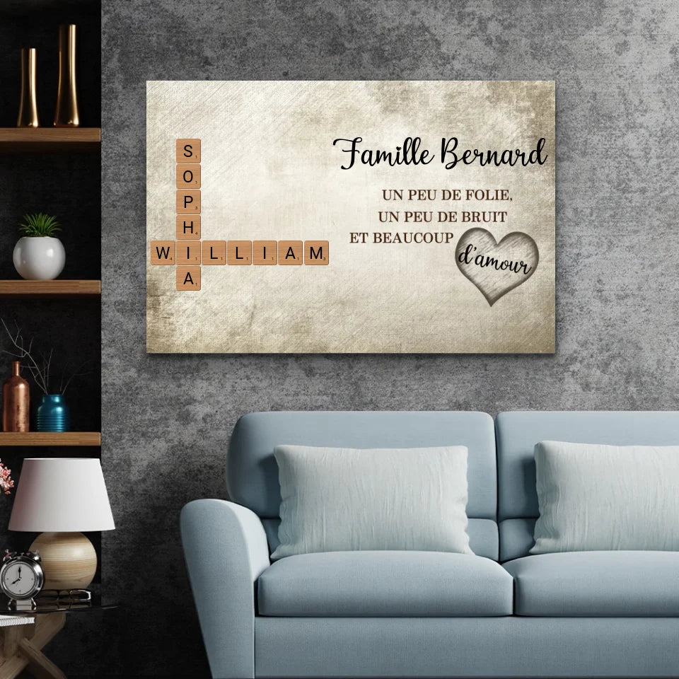 Toile personnalisée “Un peu de folie, un peu de bruit et beaucoup d'amour - Mots croisés”