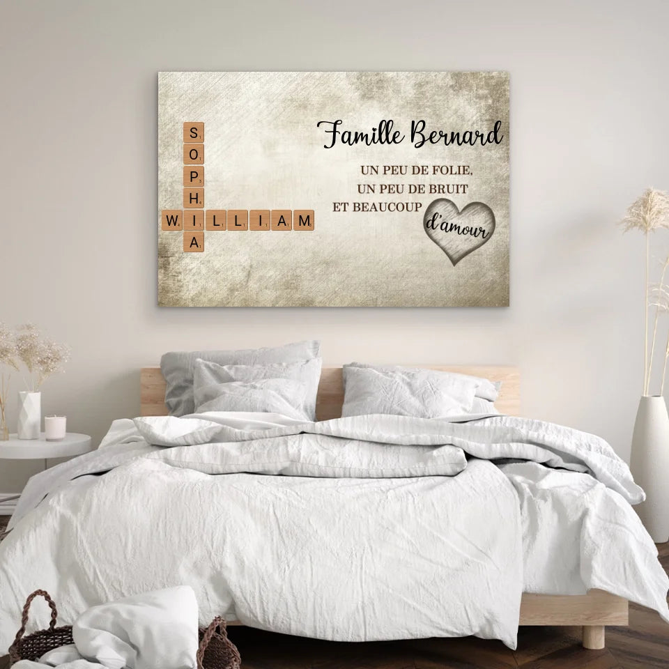 Toile personnalisée “Un peu de folie, un peu de bruit et beaucoup d'amour - Mots croisés”