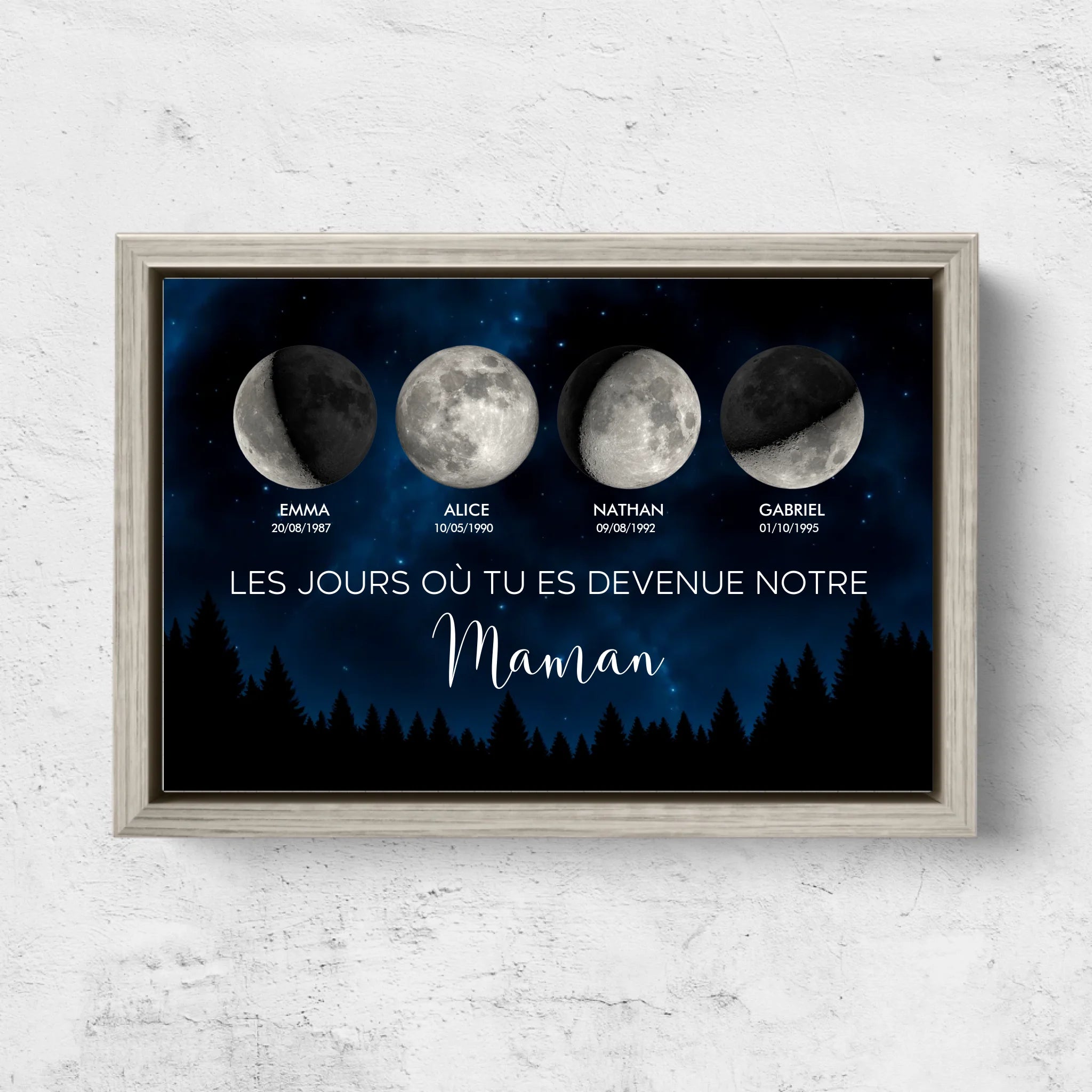 Toile personnalisée "Phase de lune - Les jours où tu es devenue notre maman"