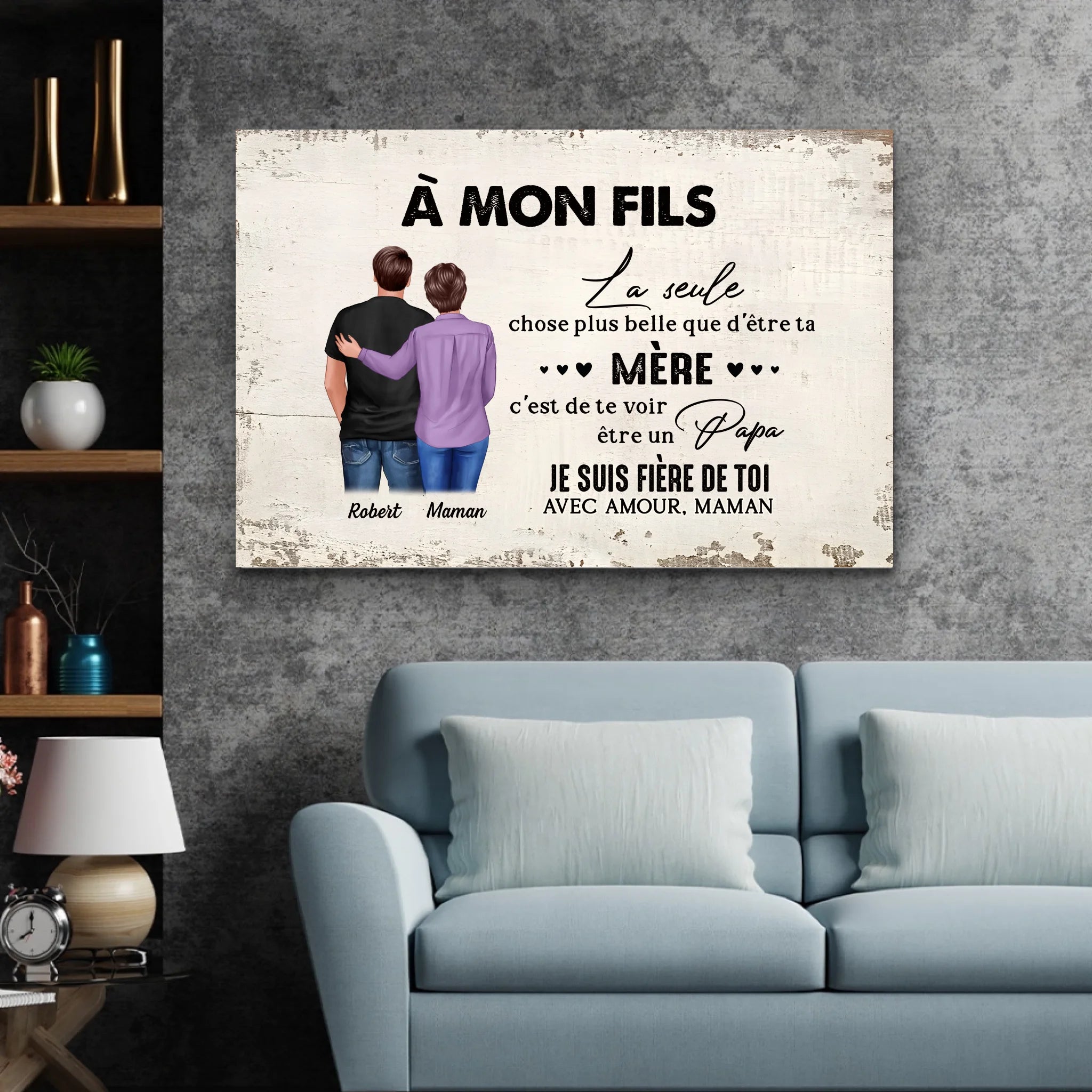 Toile personnalisée "De mère en fils - cadeau pour la fête des pères"