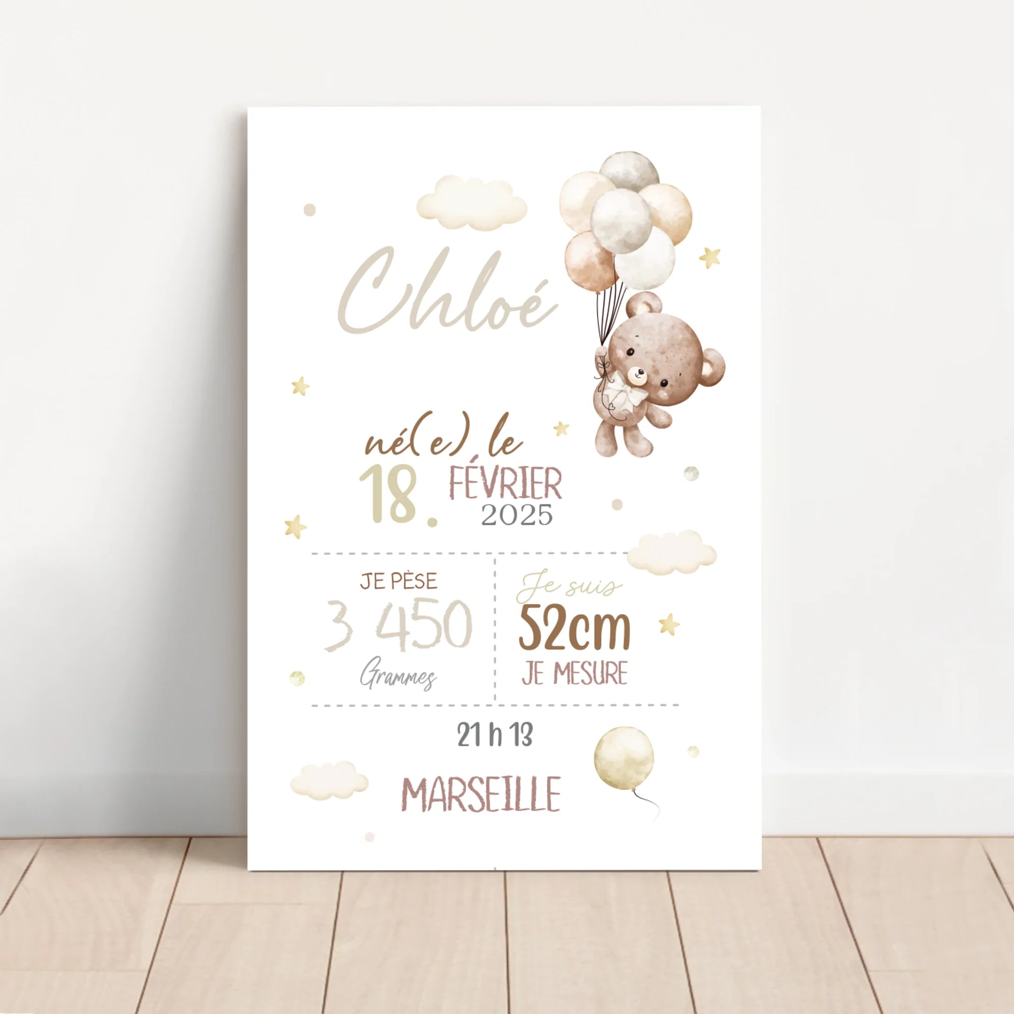 Toile personnalisée – Annonce de naissance avec ours en peluche