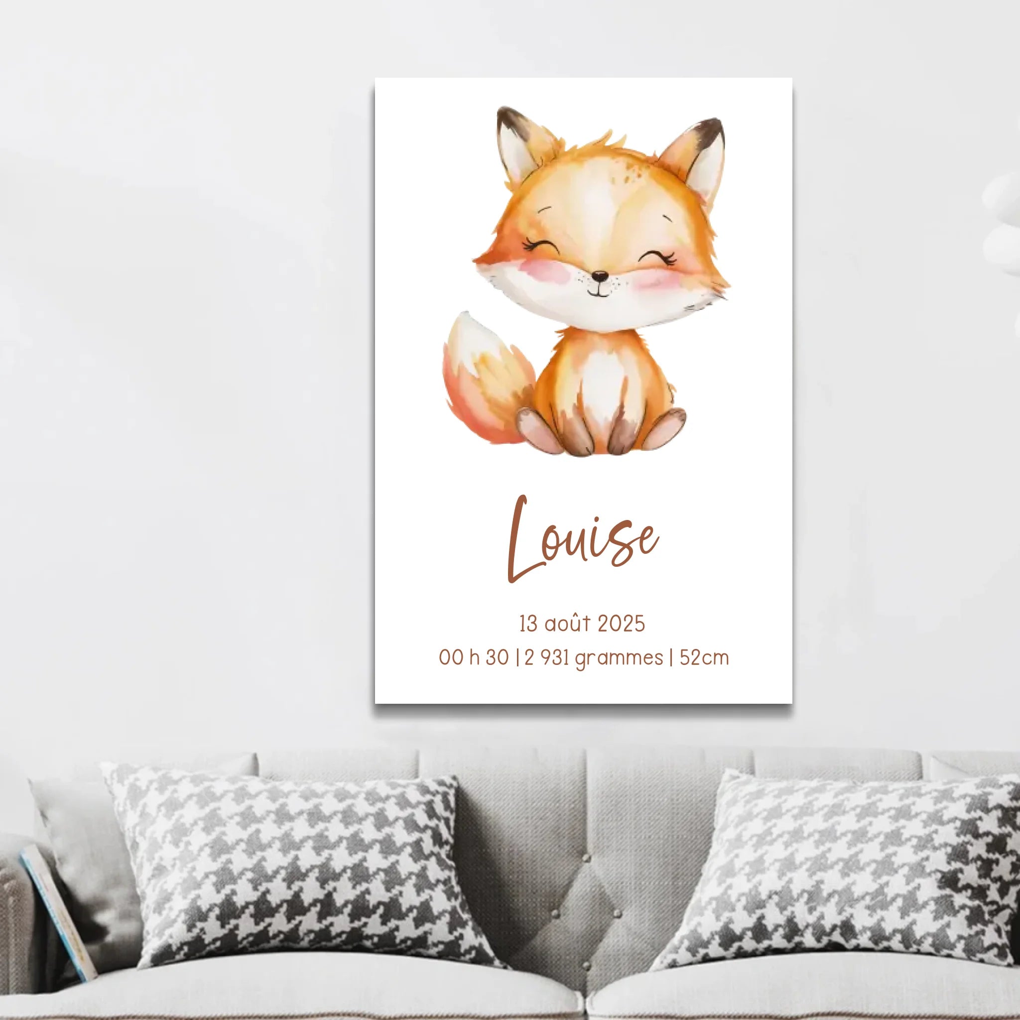 Toile personnalisée – Cadeau de naissance avec motif animalier