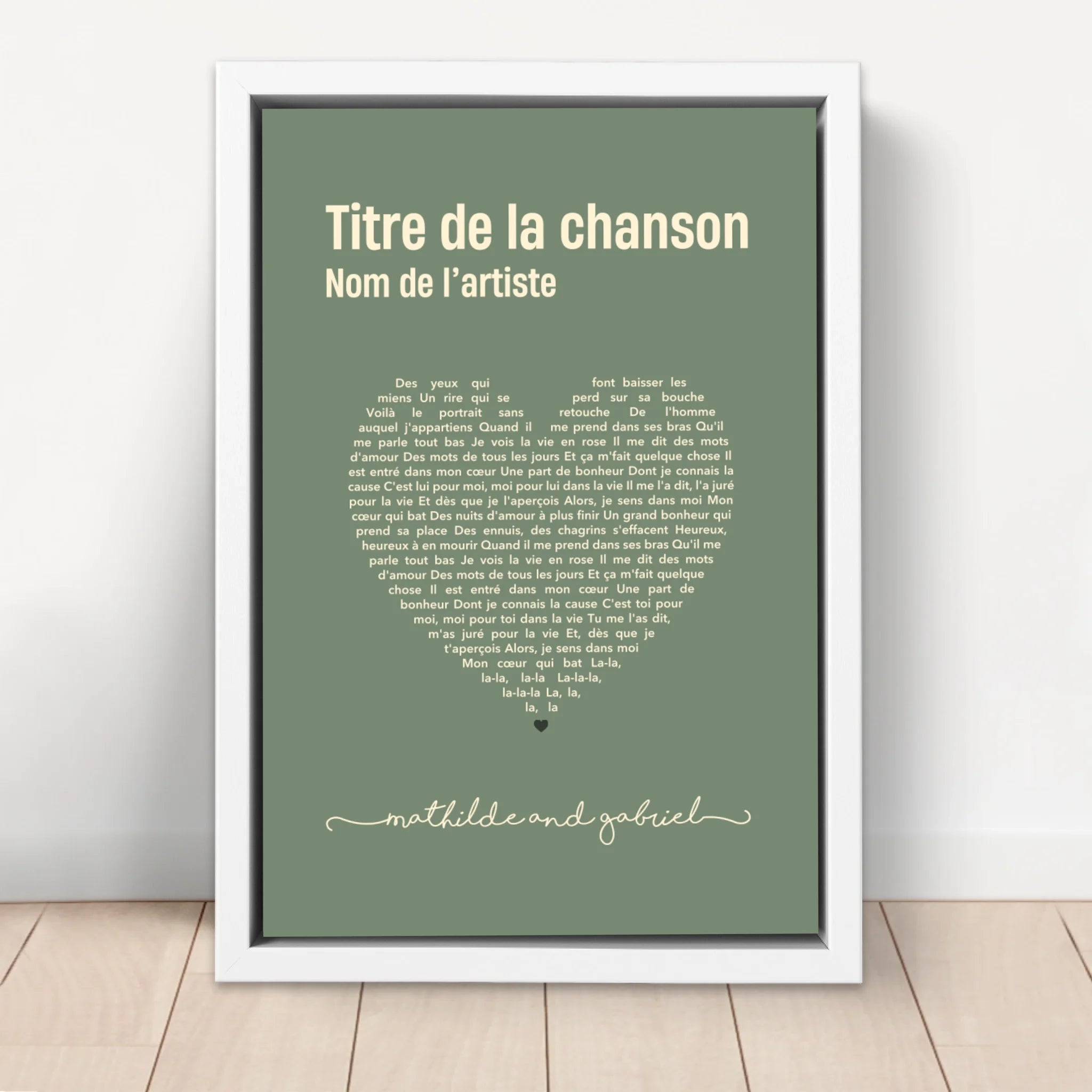 Toile personnalisée – Paroles de chanson en forme de cœur