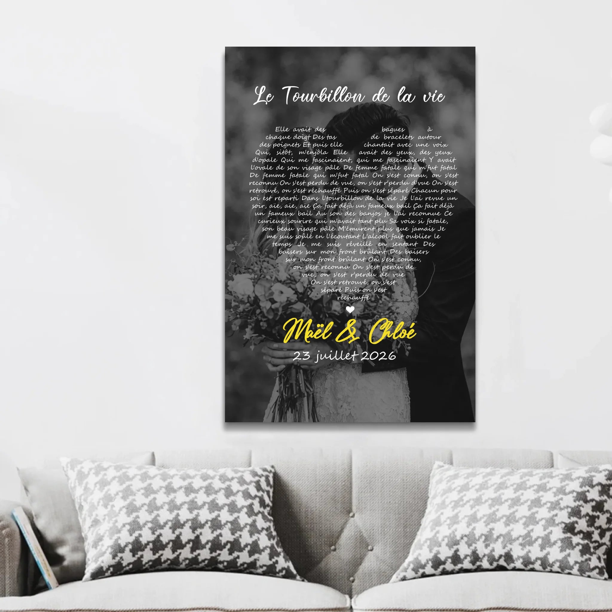 Toile personnalisée – Paroles de chanson en noir et blanc en forme de cœur-Vertical