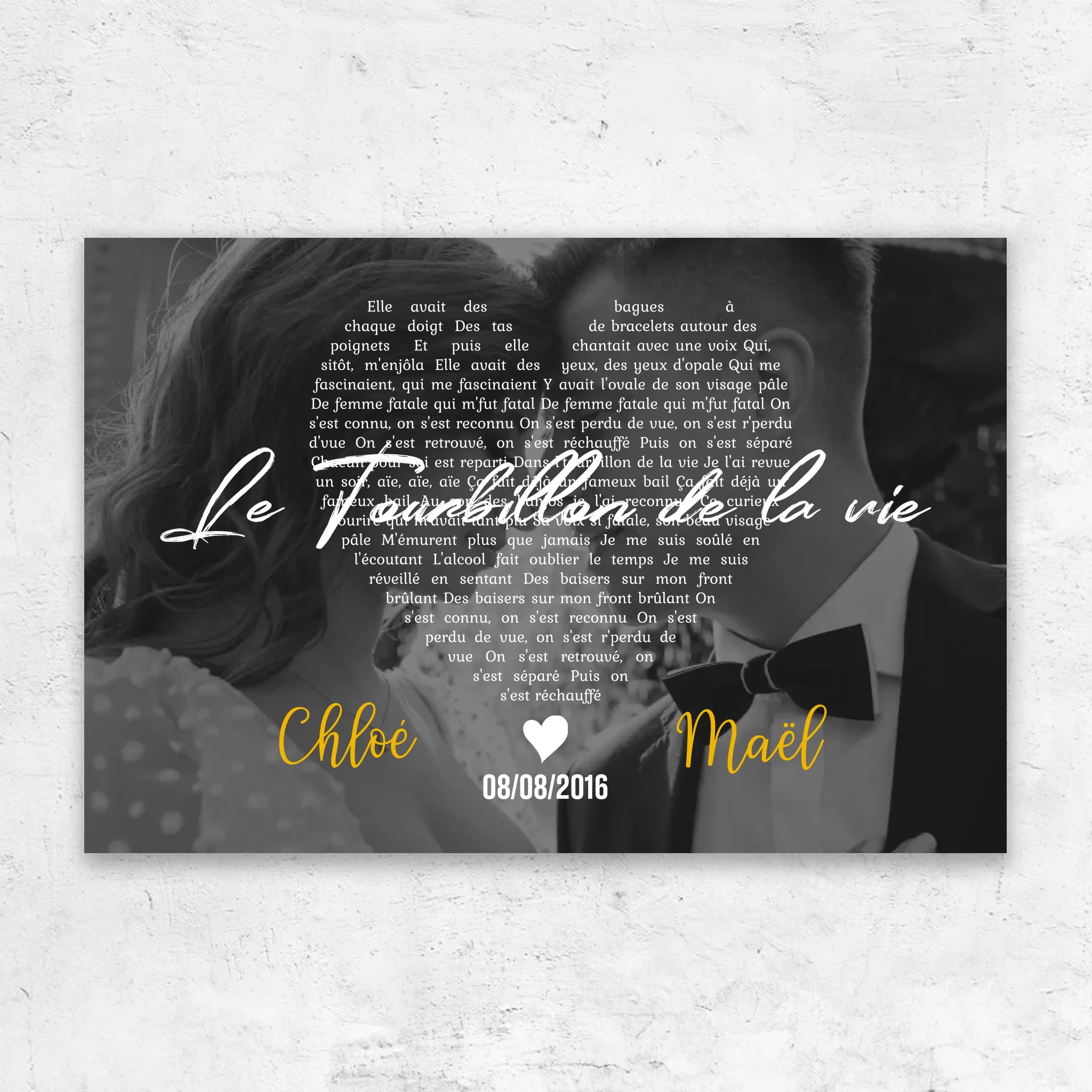 Toile personnalisée – Paroles de chanson en noir et blanc en forme de cœur