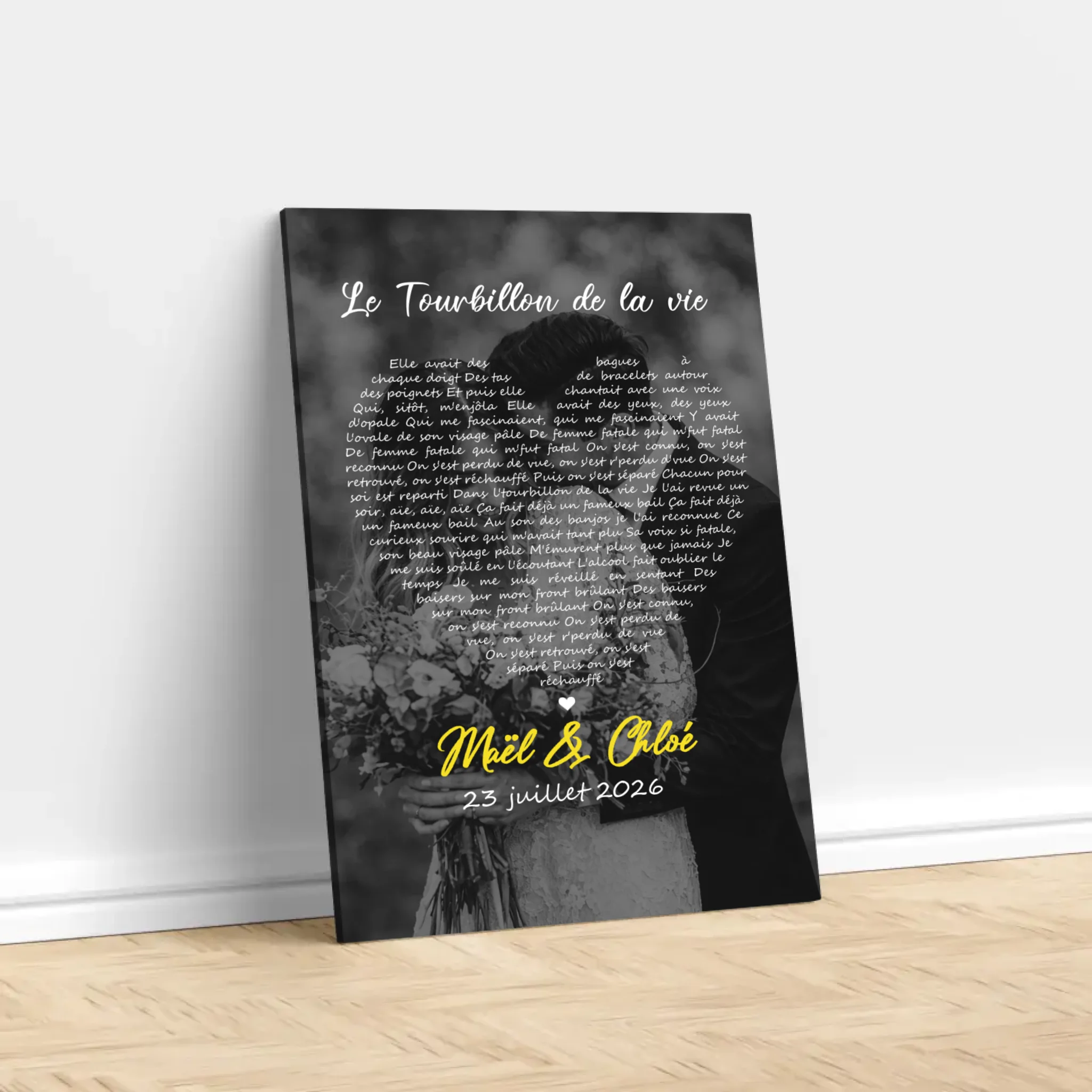 Toile personnalisée – Paroles de chanson en noir et blanc en forme de cœur-Vertical