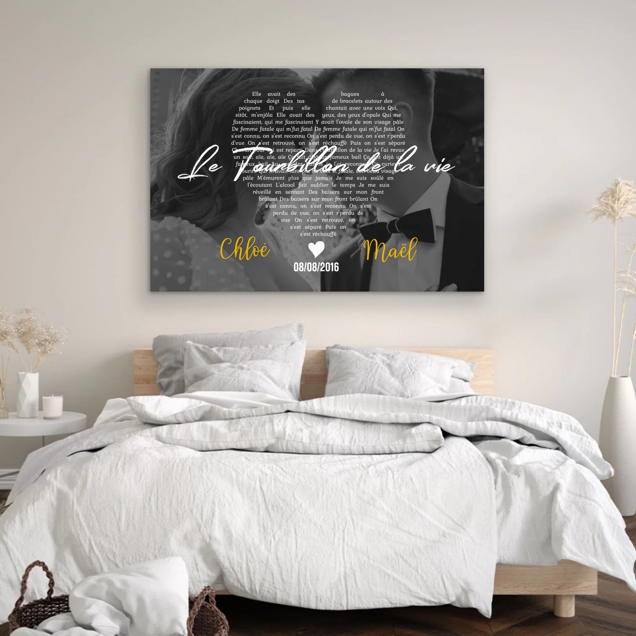 Toile personnalisée – Paroles de chanson en noir et blanc en forme de cœur