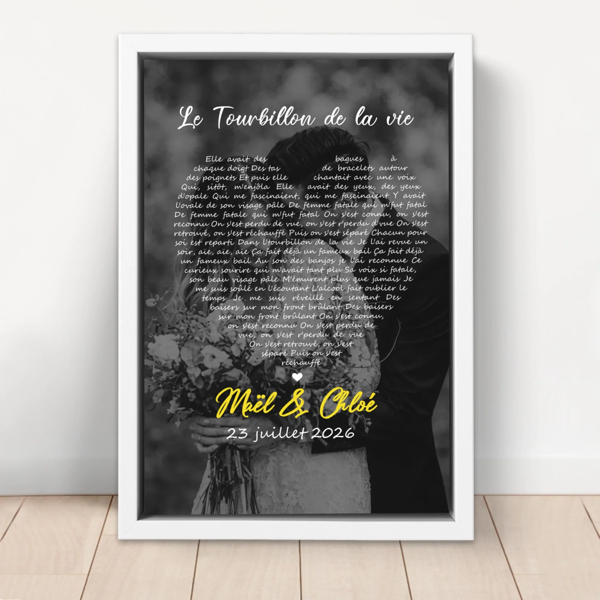 Toile personnalisée – Paroles de chanson en noir et blanc en forme de cœur-Vertical