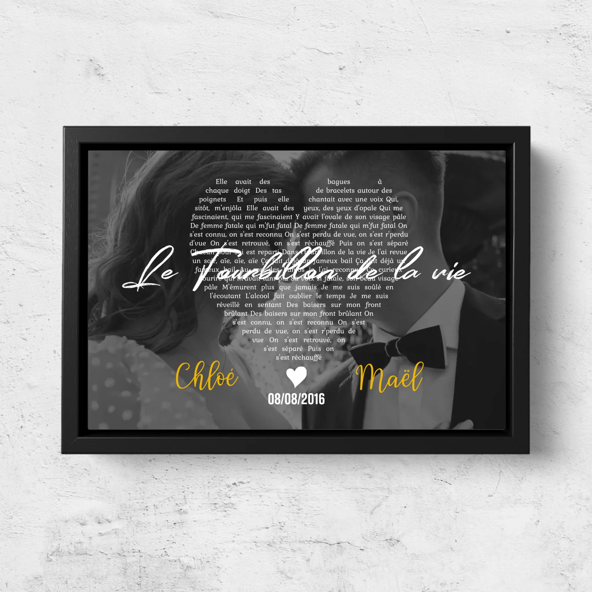 Toile personnalisée – Paroles de chanson en noir et blanc en forme de cœur