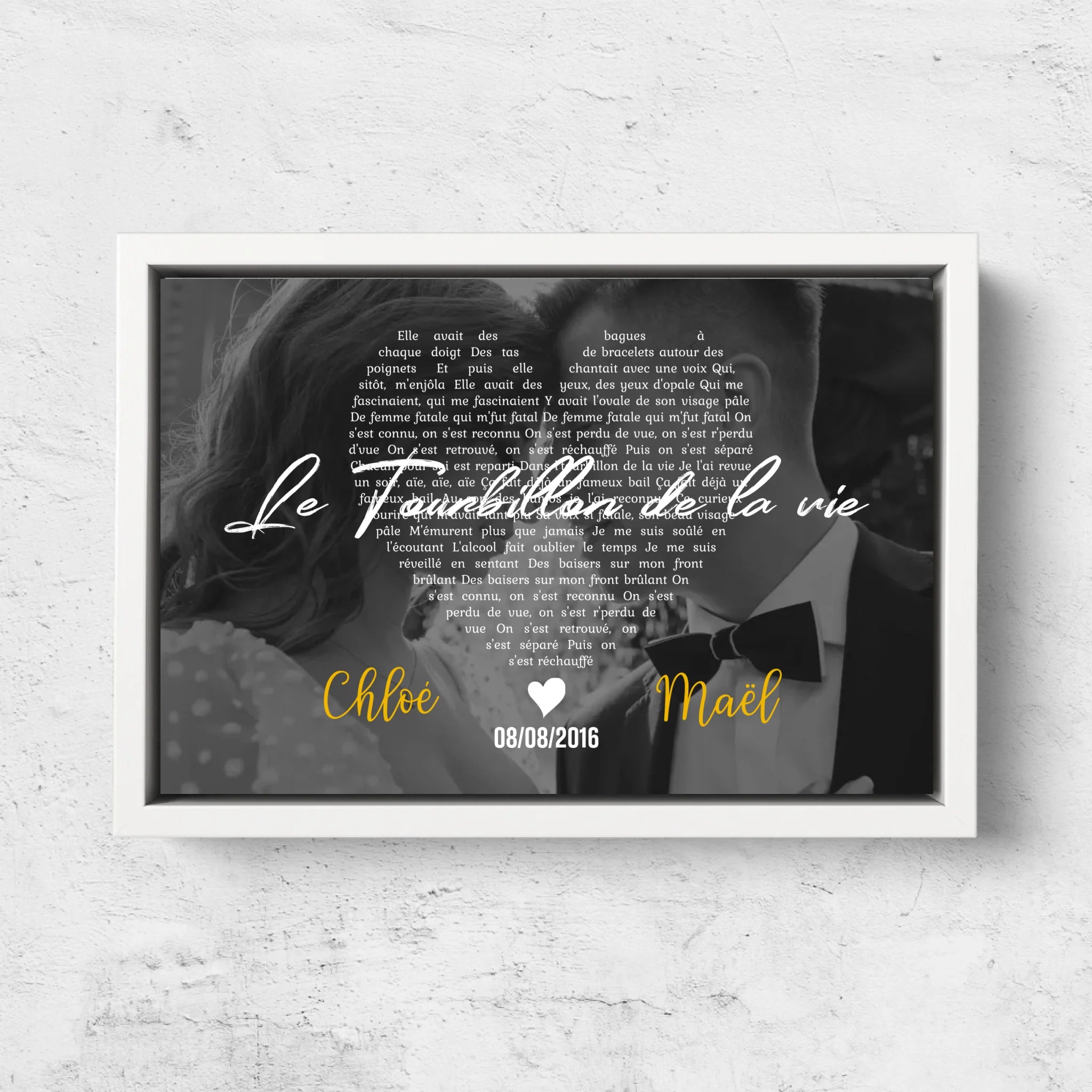 Toile personnalisée – Paroles de chanson en noir et blanc en forme de cœur