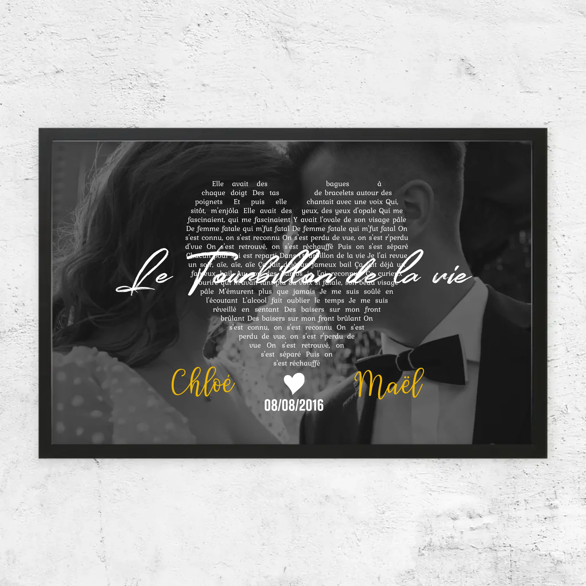 Poster personnalisé – Paroles de chanson en noir et blanc en forme de cœur