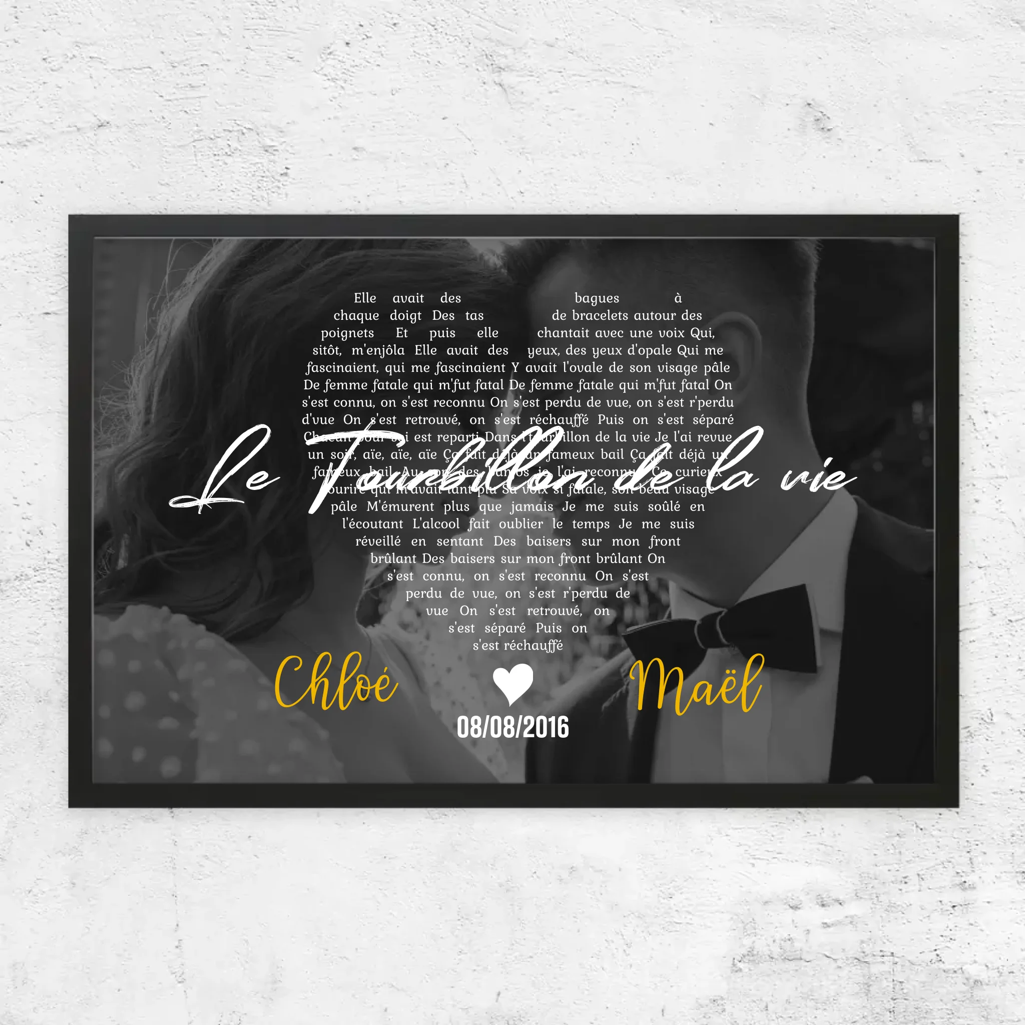 Poster personnalisé – Paroles de chanson en noir et blanc en forme de cœur