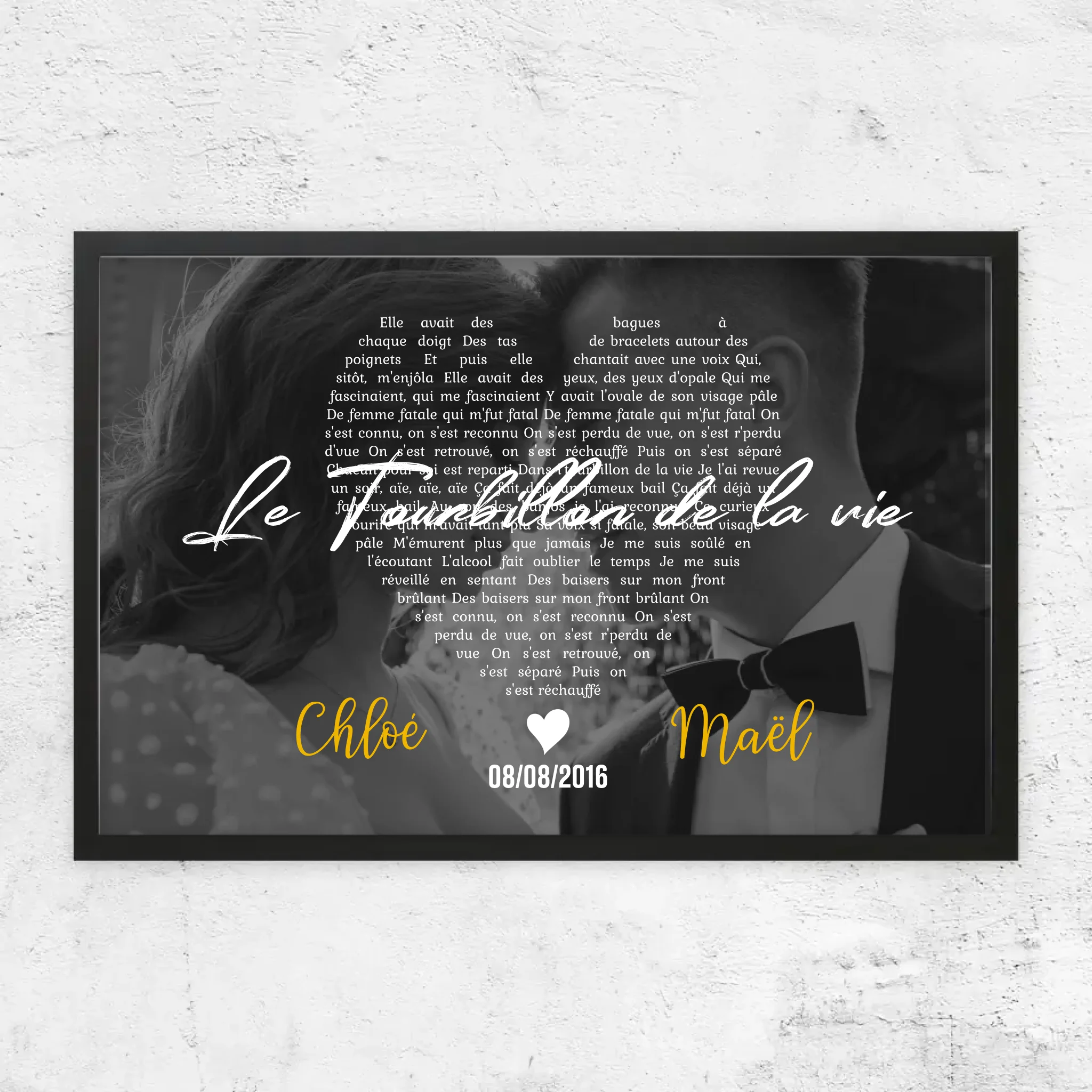 Poster personnalisé – Paroles de chanson en noir et blanc en forme de cœur