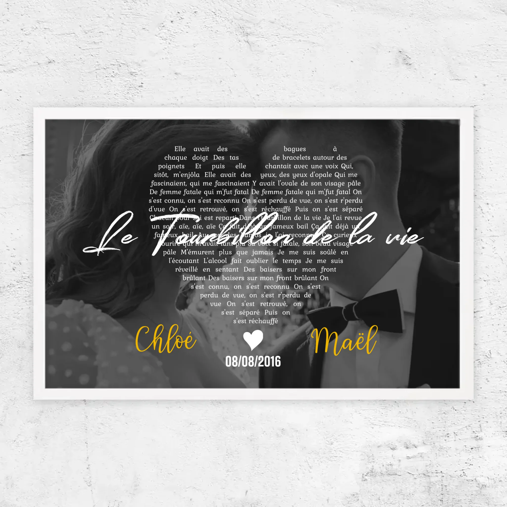Poster personnalisé – Paroles de chanson en noir et blanc en forme de cœur
